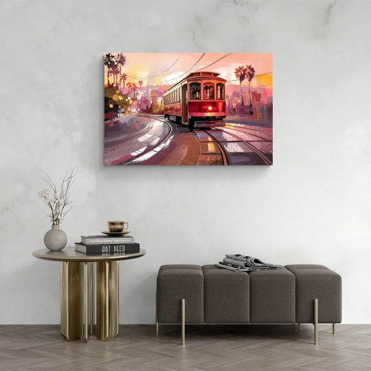 San Diego Trolley At Sunset - Canvas Wall Art Living Room