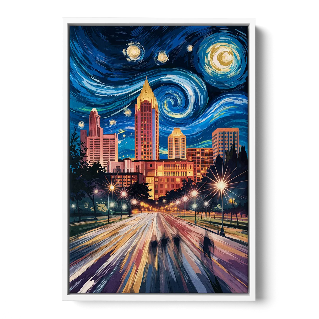 Raleigh Urban Night Lights - White Frame Canvas