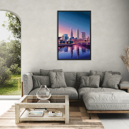 Cleveland Ohio Skyline Silhouette - Living Room Black Frame Canvas