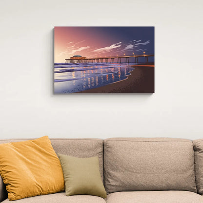 Huntington Beach Pier At Twilight - Canvas Wall Art Living Room
