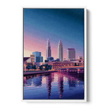 Cleveland Ohio Skyline Silhouette - White Frame Canvas