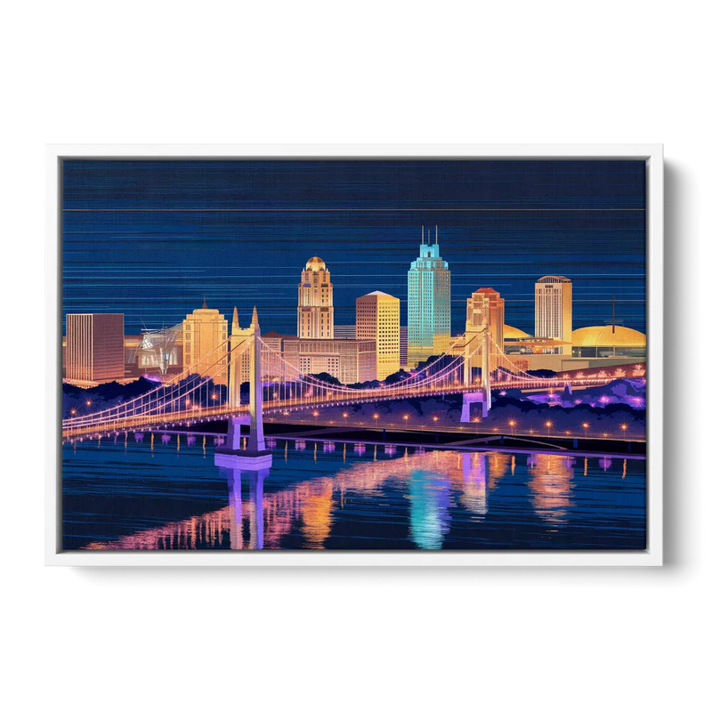 Cincinnati Nighttime Skyline - White Frame Canvas