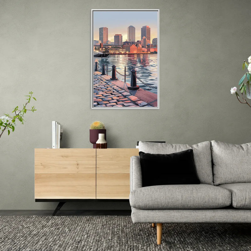 Boston Waterfront Serenity - Living Room White Frame Canvas