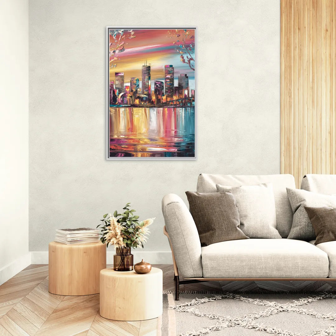 Boston Iconic Skyline Silhouette - Living Room White Frame Canvas