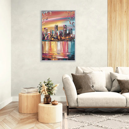 Boston Iconic Skyline Silhouette - Living Room White Frame Canvas