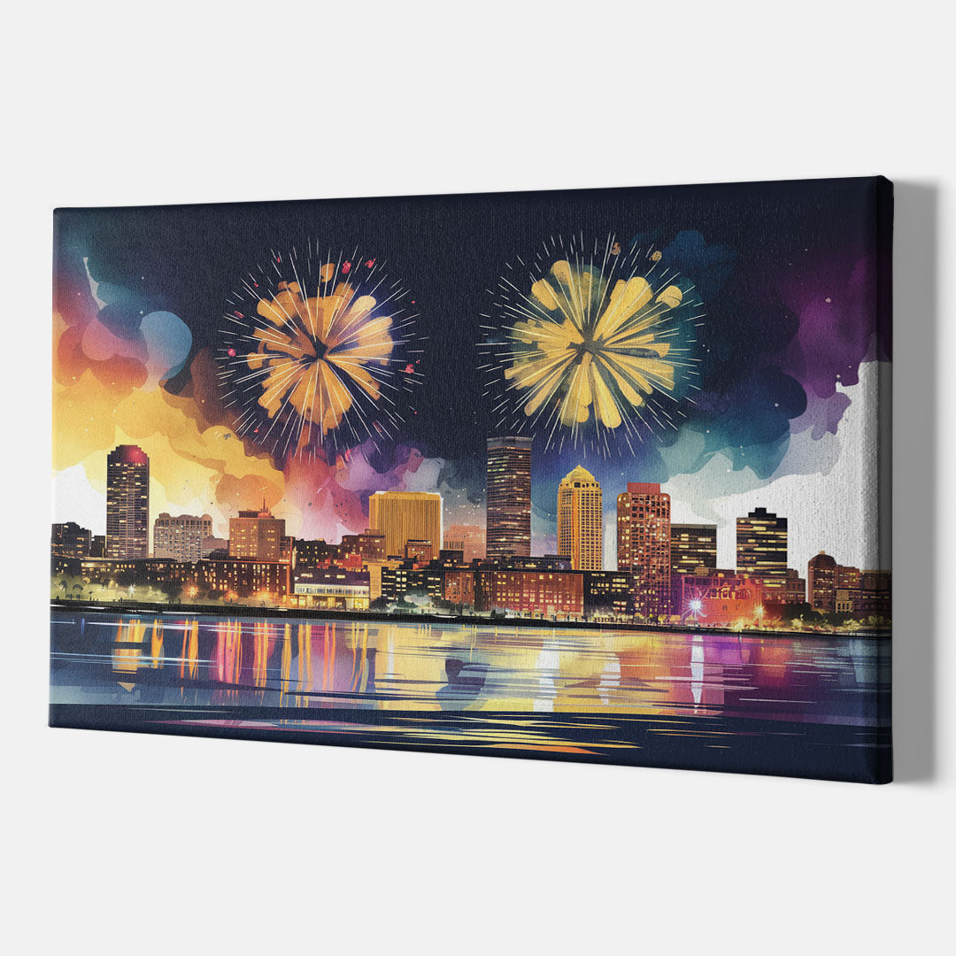 Boston Skyline With Fireworks - Canvas Wall Art Indoor