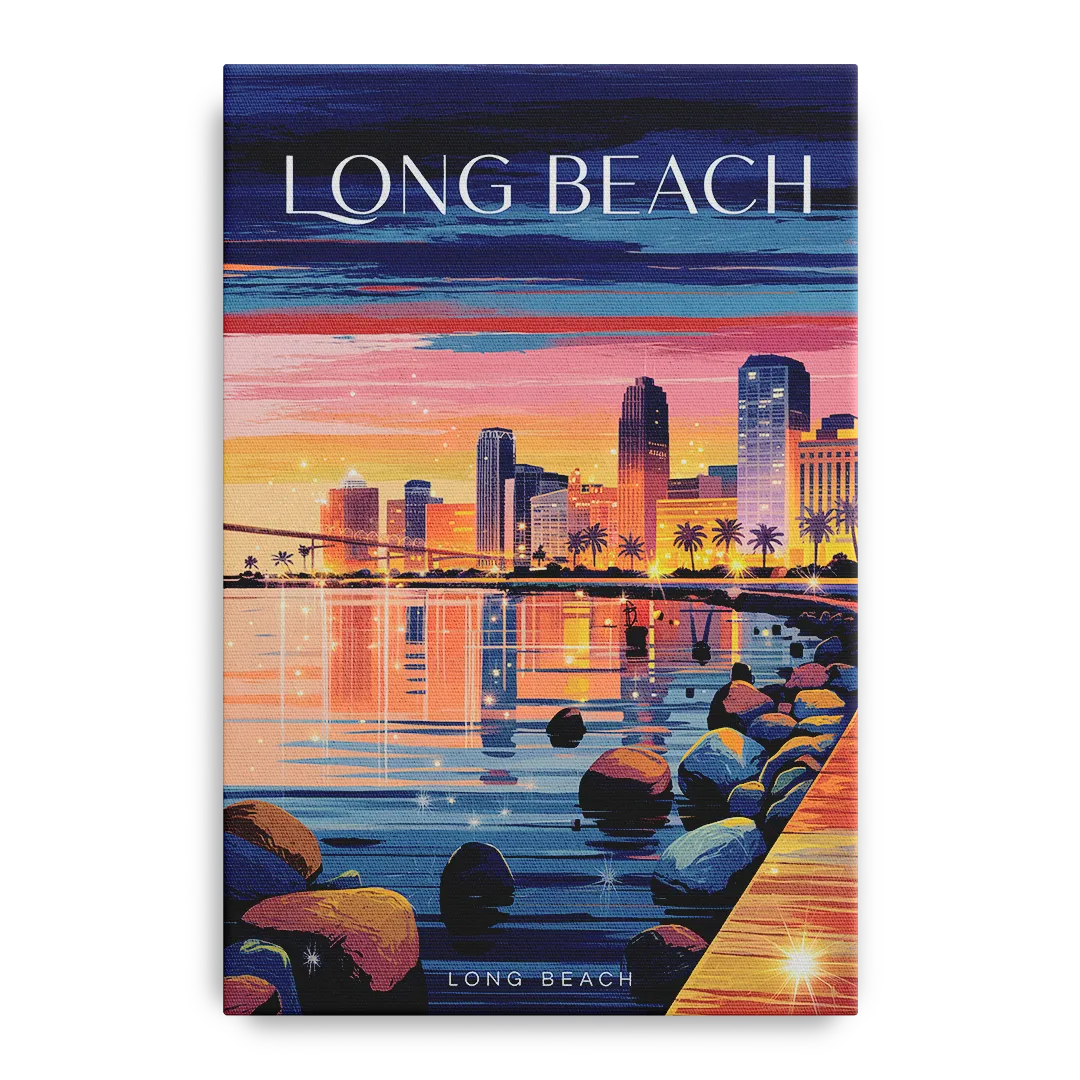 Long Beach Cityscape Evening Lights - Canvas Wall Art