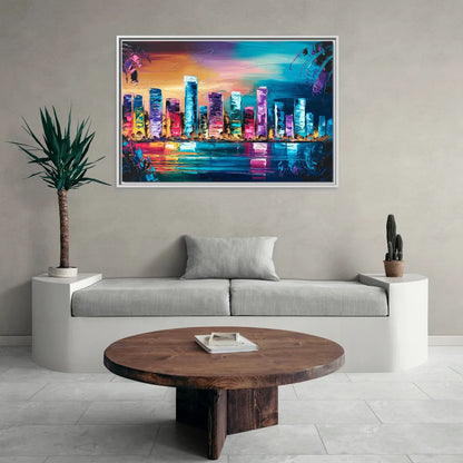 Miami Skyline Reflection - Living Room White Frame Canvas