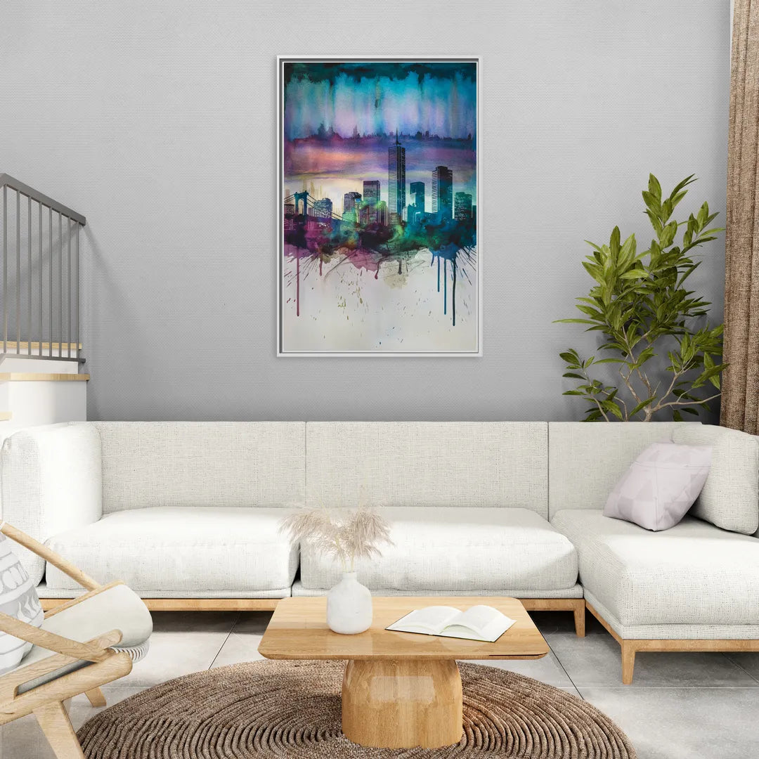 Boston Skyline in Watercolor - Living Room White Frame Canvas
