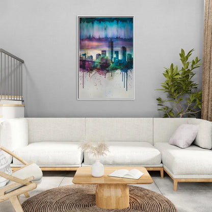 Boston Skyline in Watercolor - Living Room White Frame Canvas