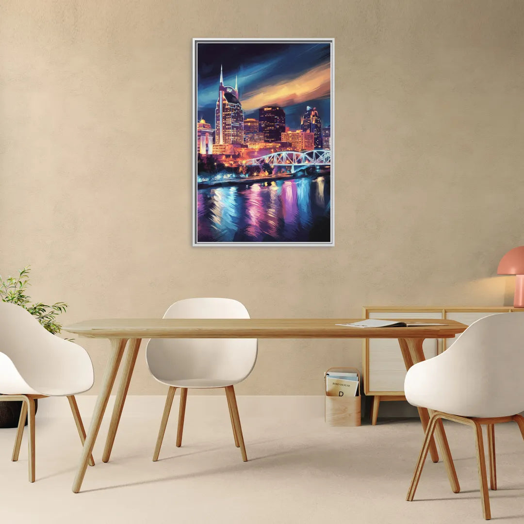 Nashville Bright Lights Skyline - Living Room White Frame Canvas