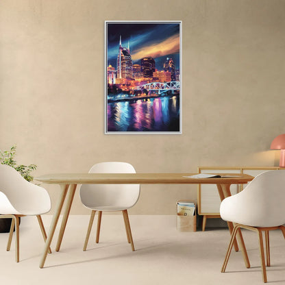 Nashville Bright Lights Skyline - Living Room White Frame Canvas