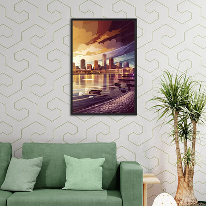 Boston Skyline at Sunset - Living Room Black Frame Canvas