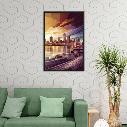 Boston Skyline at Sunset - Living Room Black Frame Canvas