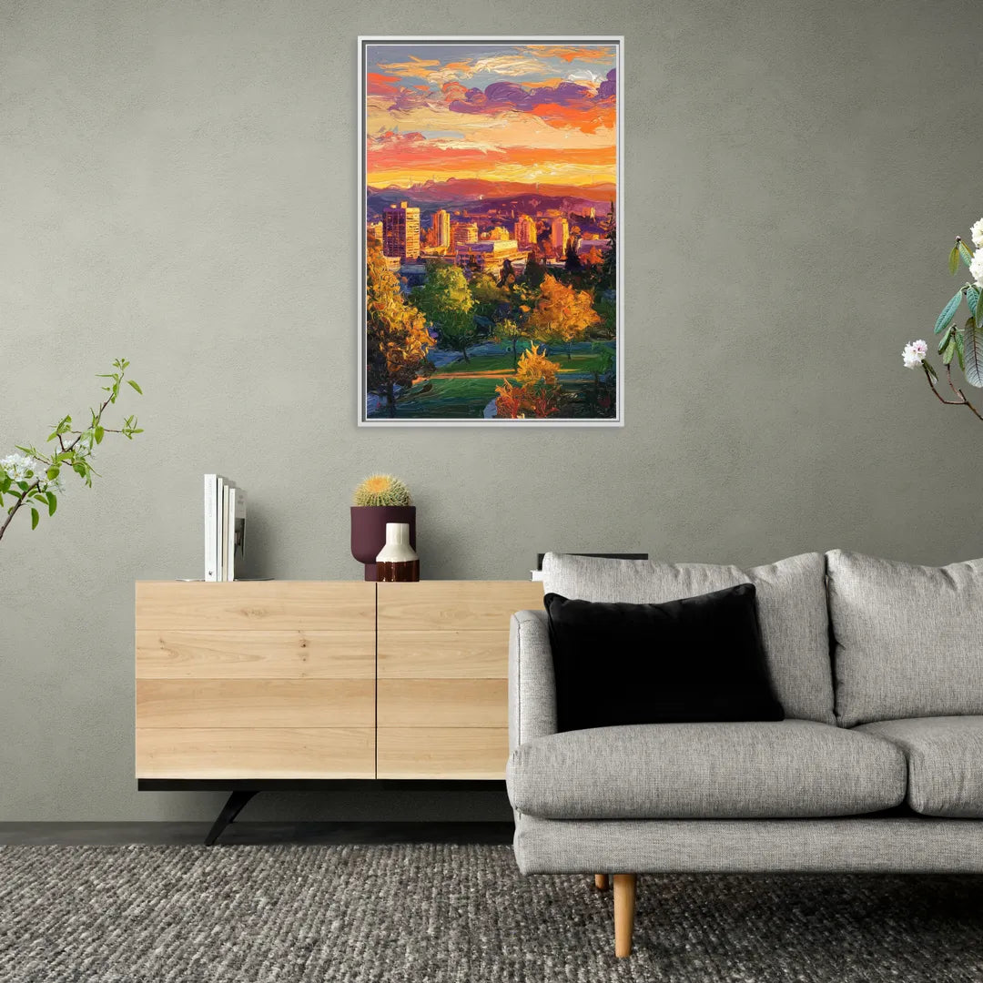 Eugene Skyline at Sunset - Living Room White Frame Canvas