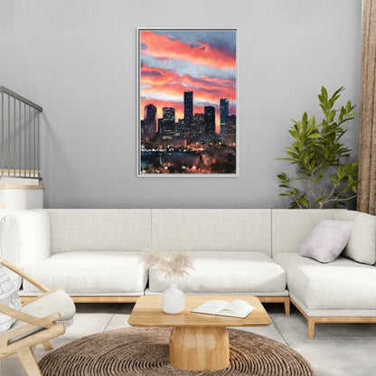 Houston Sunset Skyline - Living Room White Frame Canvas