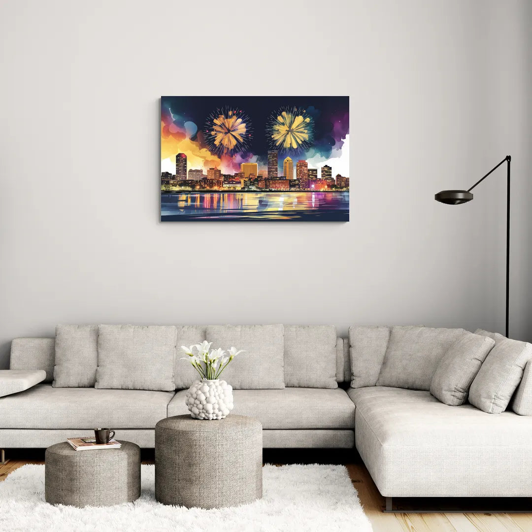 Boston Skyline With Fireworks - Canvas Wall Art Living Room