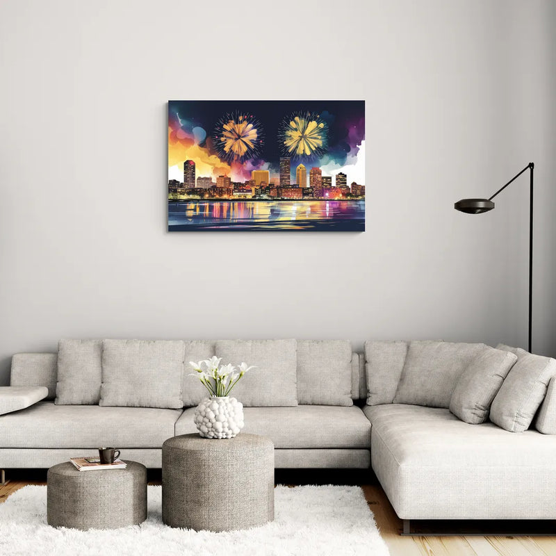 Boston Skyline With Fireworks - Canvas Wall Art Living Room