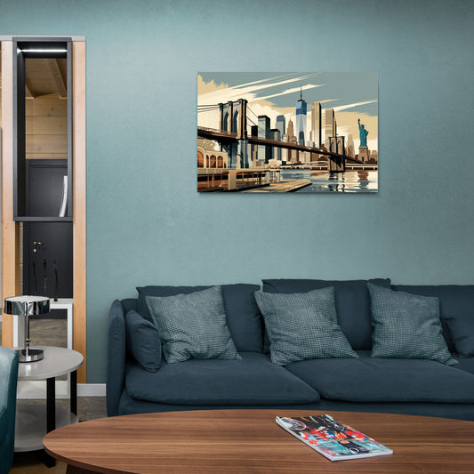 New York Brooklyn Bridge And Statue Of Liberty - Canvas Wall Art Living Room