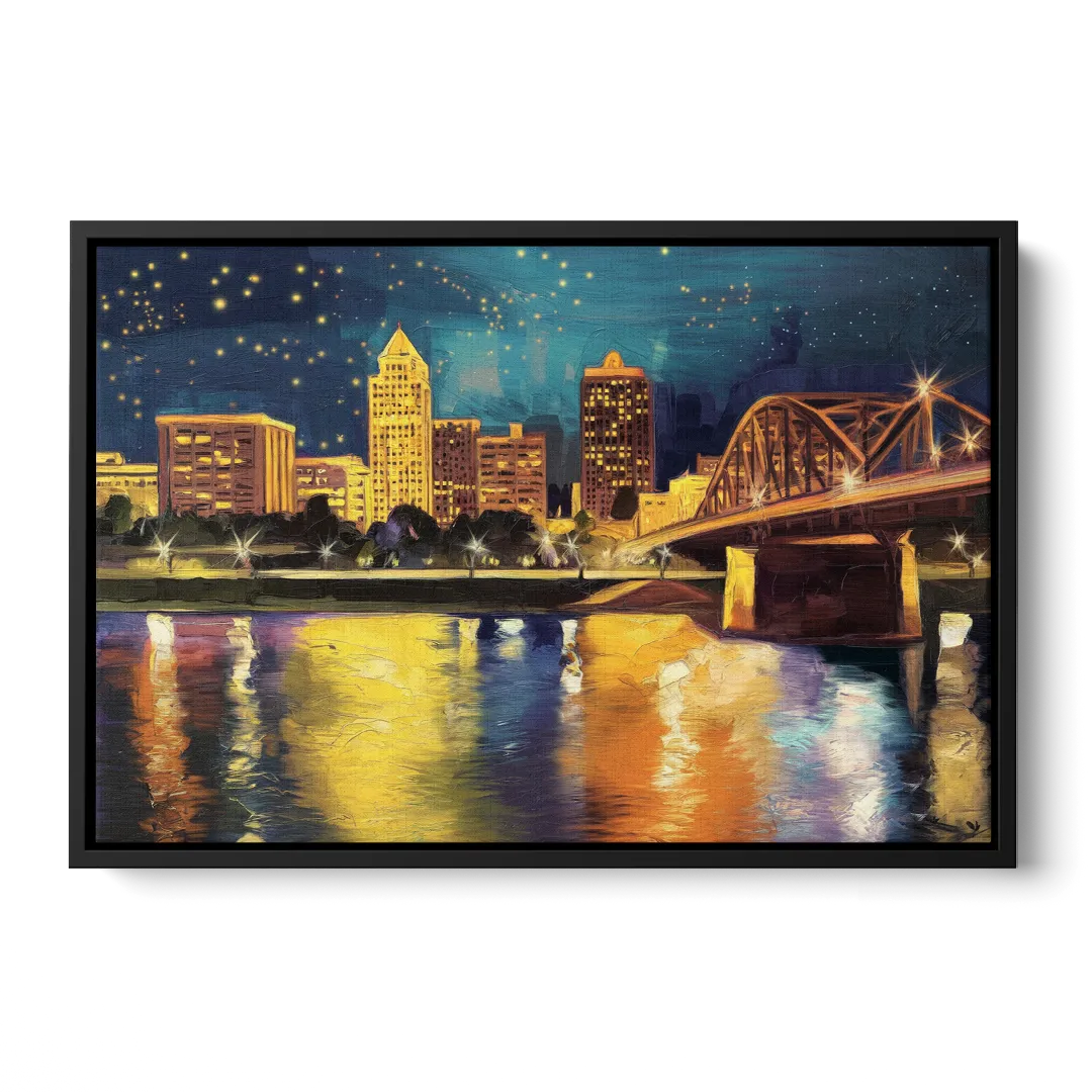 Louisville Cityscape Glow - Black Frame Canvas