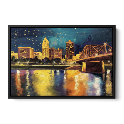 Louisville Cityscape Glow - Black Frame Canvas