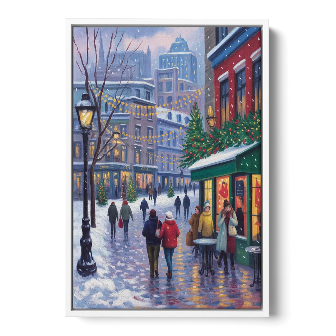 Quebec City Christmas Lights - White Frame Canvas