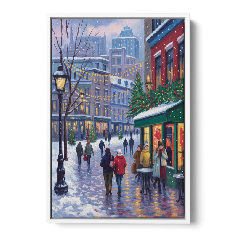 Quebec City Christmas Lights - White Frame Canvas