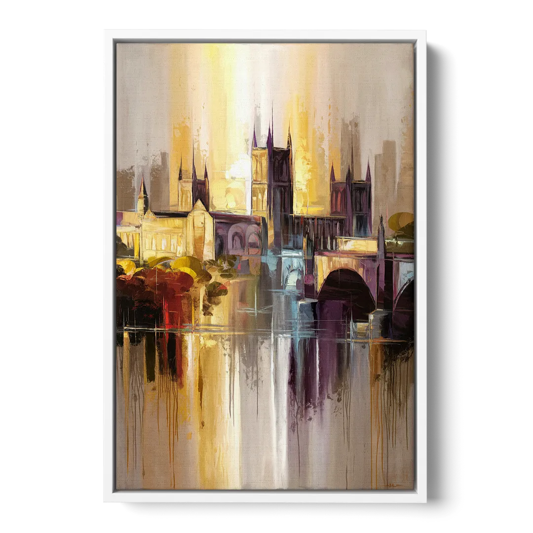 Durham Cityscape Reflection - White Frame Canvas