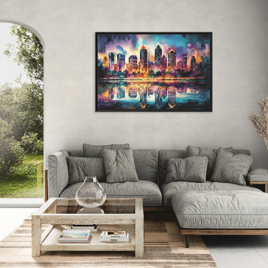 Atlanta Skyline With Reflection - Living Room Black Frame Canvas