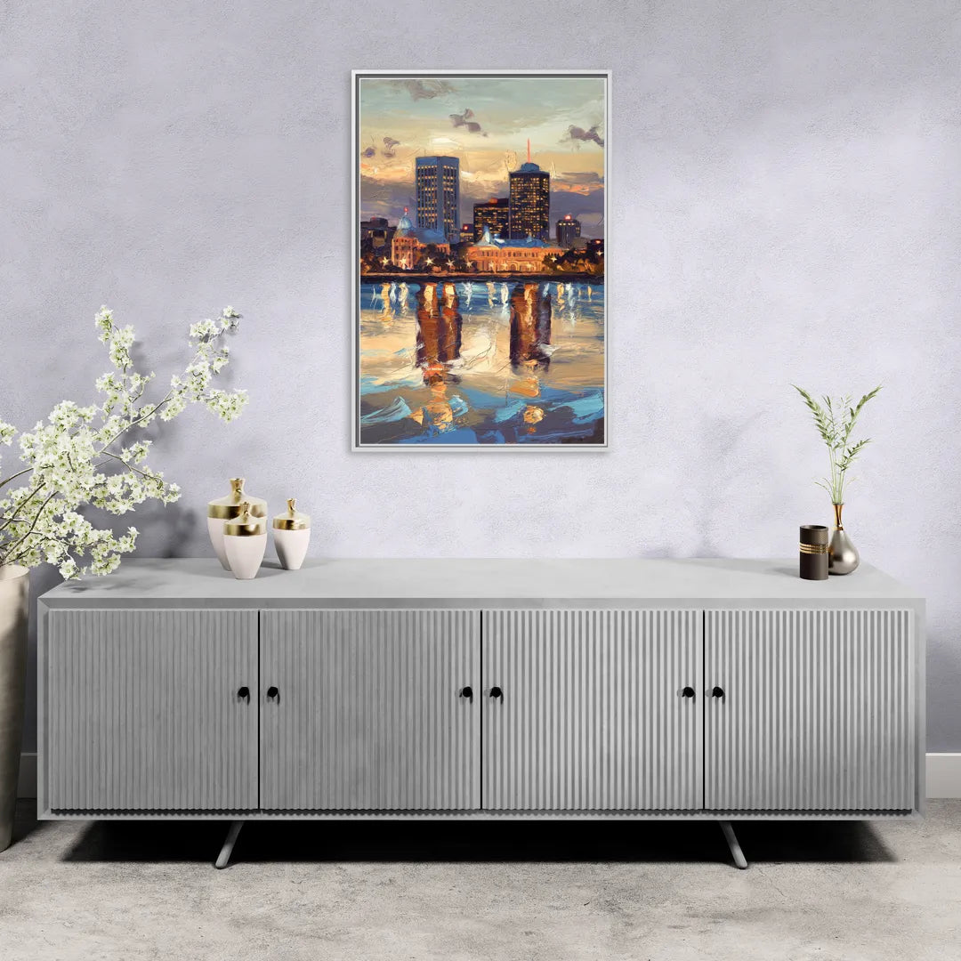 Providence Cityscape Reflection Mirror - Living Room White Frame Canvas