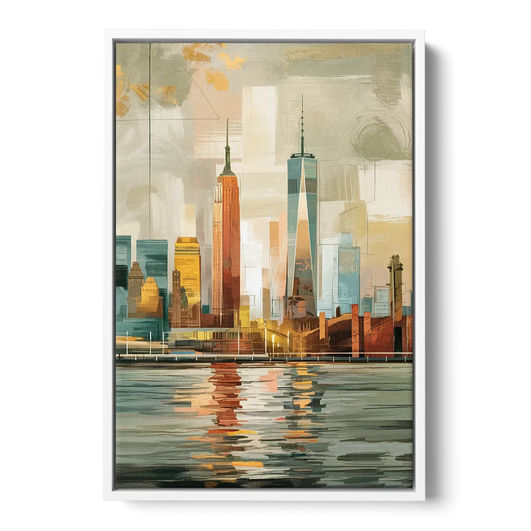 New York City Abstract Skyline Art Hudson - White Frame Canvas
