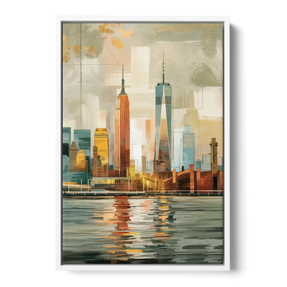 New York City Abstract Skyline Art Hudson - White Frame Canvas