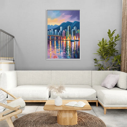 Vancouver City Lights - Living Room White Frame Canvas