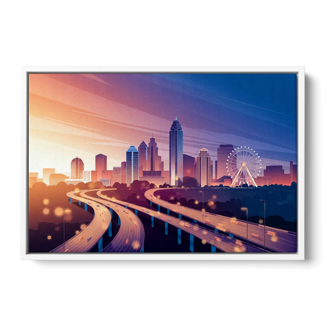 Atlanta Aerial City View - White Frame Canvas