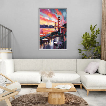 San Francisco Sunset Over the Bay - Living Room White Frame Canvas