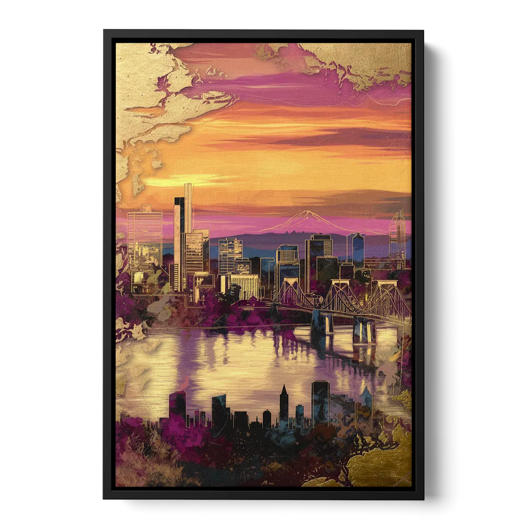 Portland Skyline Sunset - Black Frame Canvas