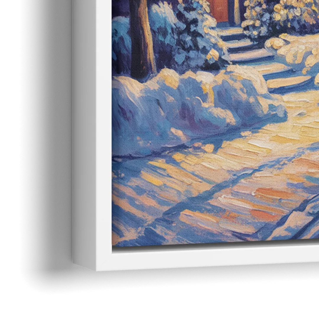 Quebec Snowy Village Scene - Close-Up White Frame Canvas
