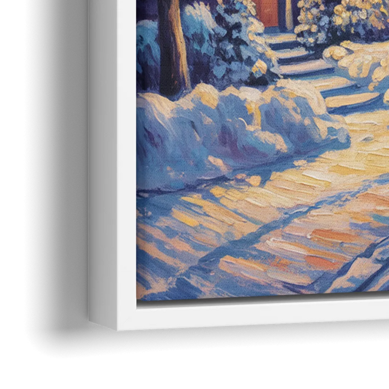 Quebec Snowy Village Scene - Close-Up White Frame Canvas