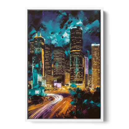 Houston Urban Nights - White Frame Canvas
