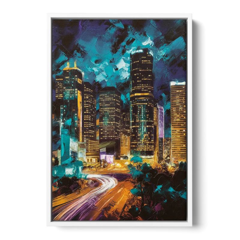 Houston Urban Nights - White Frame Canvas