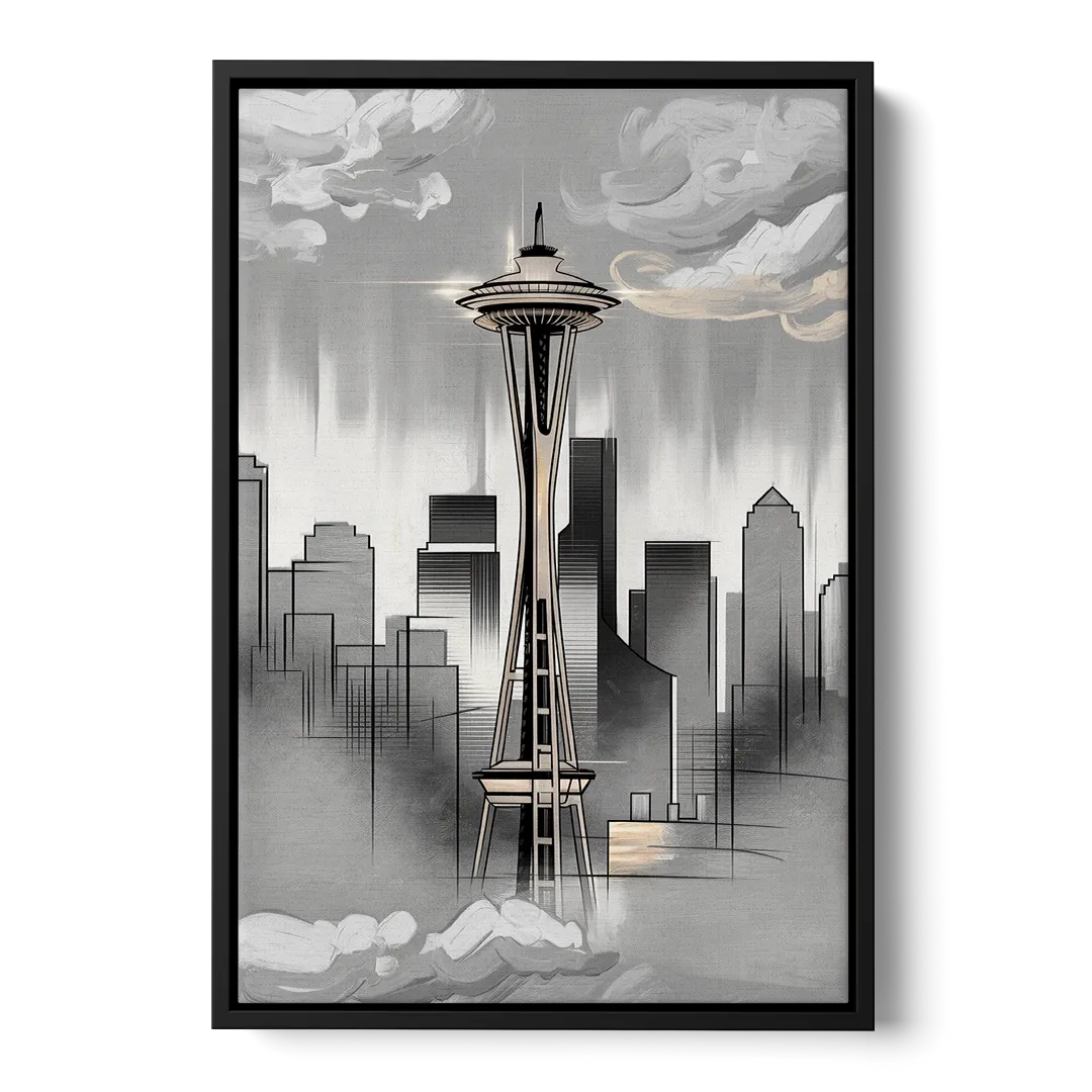 Seattle Space Needle Silhouette - Black Frame Canvas