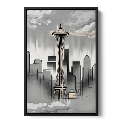 Seattle Space Needle Silhouette - Black Frame Canvas