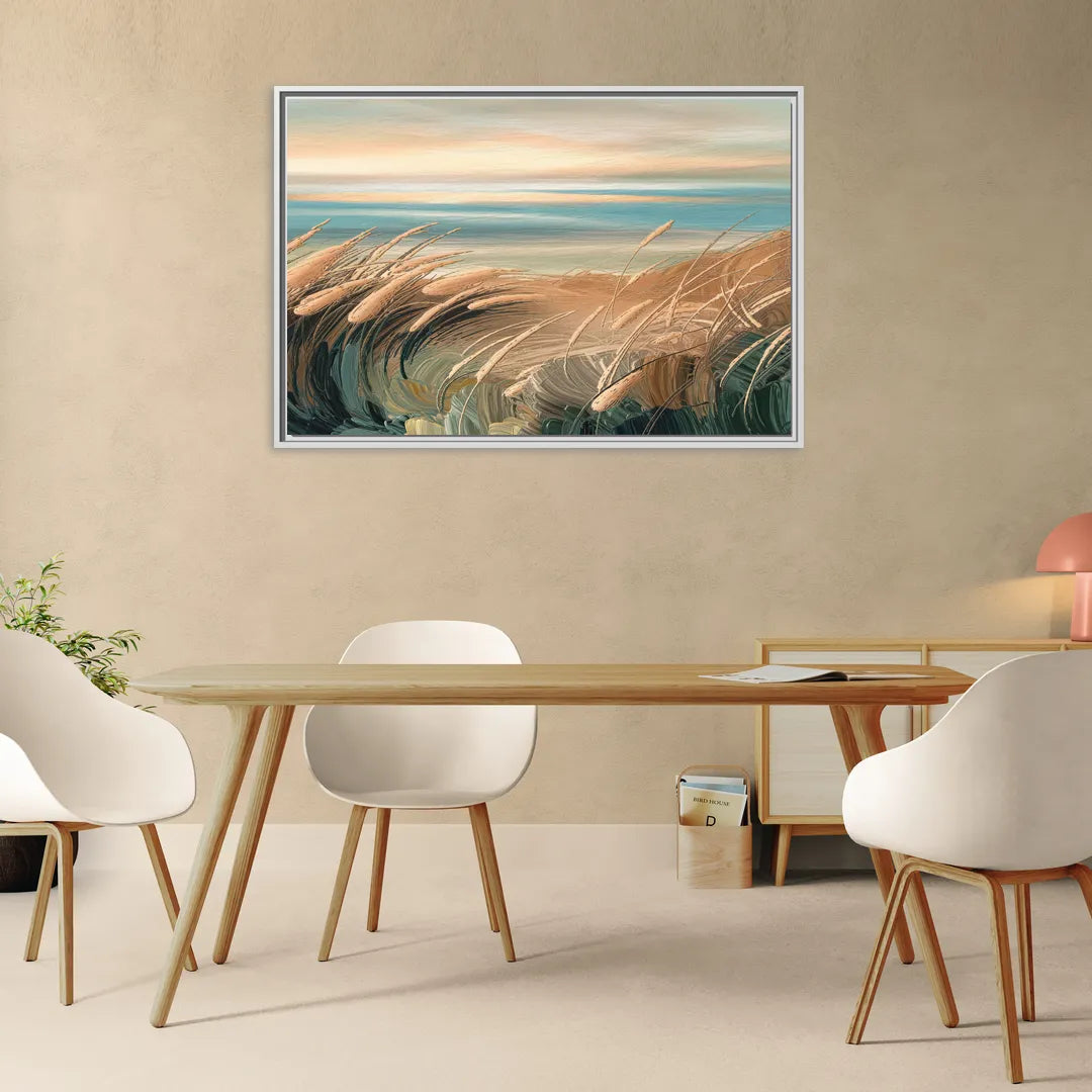 Seaside Dunes And Grass - Living Room White Frame Canvas