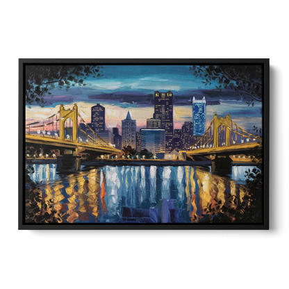 Pittsburgh Downtown Lights at Night - Black Frame Canvas