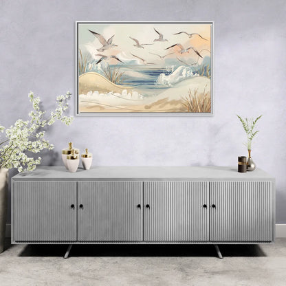 Myrtle Beach Seagulls In Flight - Living Room White Frame Canvas