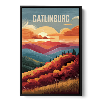 Gatlinburg Sunset Over Hills - Black Frame Canvas