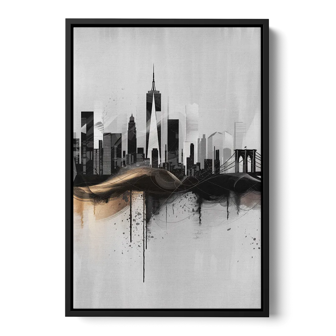 New York City Skyline Black Ink Style Minimalist - Black Frame Canvas
