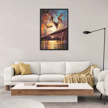 Austin Soaring Bats Scene - Living Room Black Frame Canvas