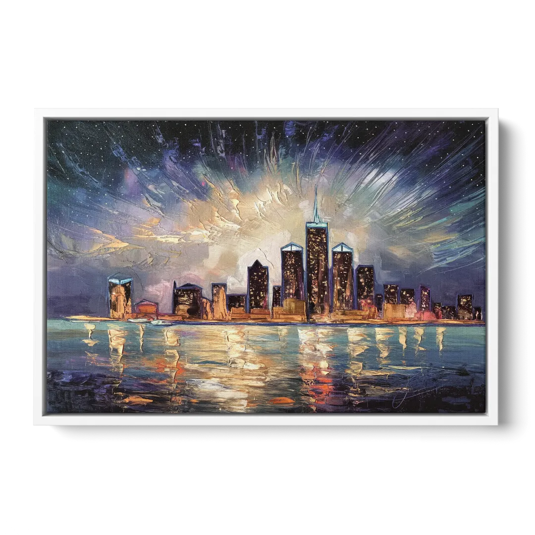 Detroit Skyline And Stars - White Frame Canvas