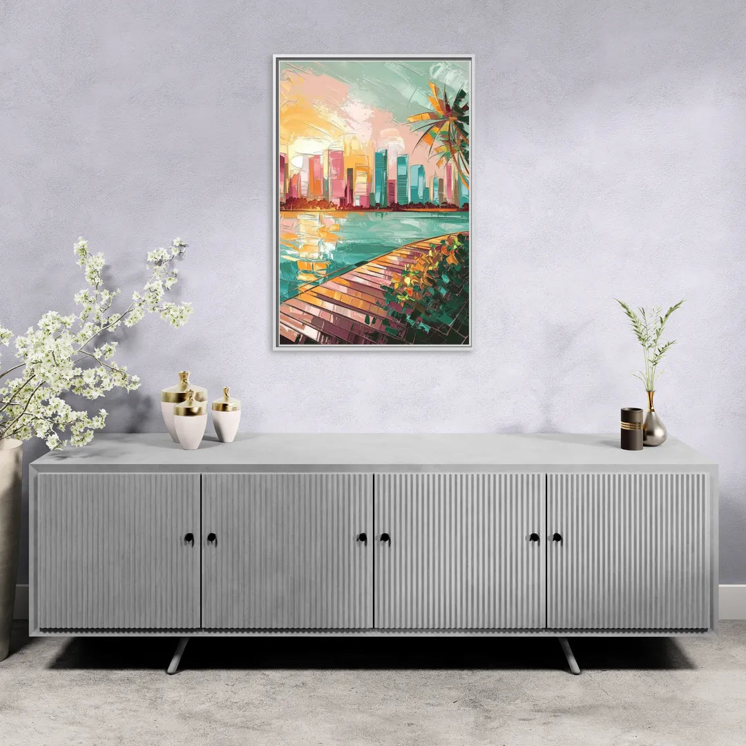 Miami Sunrise Over Water - Living Room White Frame Canvas